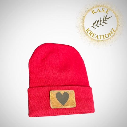 Beanie with solid heart engraved patch